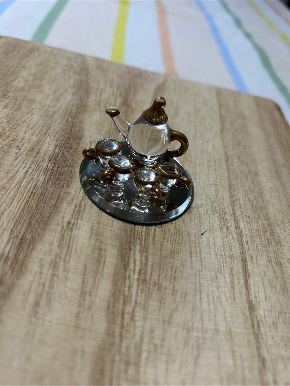 Vintage Hand-Blown Miniature Tea Set On Mirror Tray with Gold-Plated Trim